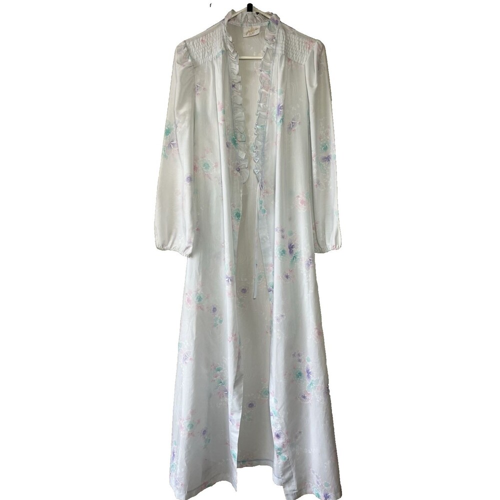 Jolie Two Pastel Floral Ruffle Smocked Belted Vintage Robe Long Sleeve White S